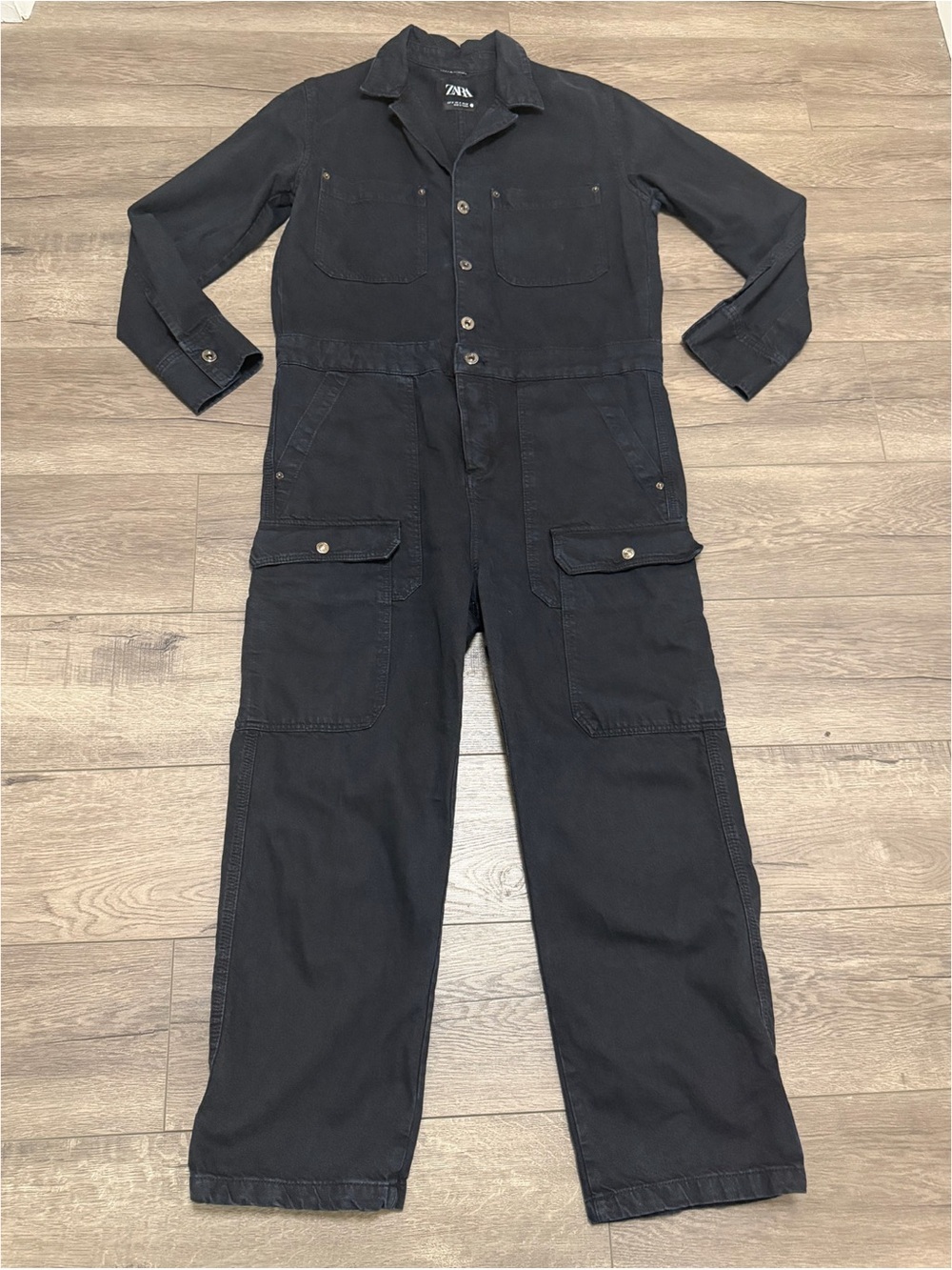 Zara Jumpsuit Womens Black Denim Long Sleeve Utility Button Front Coveralls Sz M